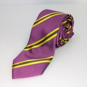 John Henric Striped 100% Silk Narrow Neck Tie 2.5 x 60 Purple Yellow Handmade